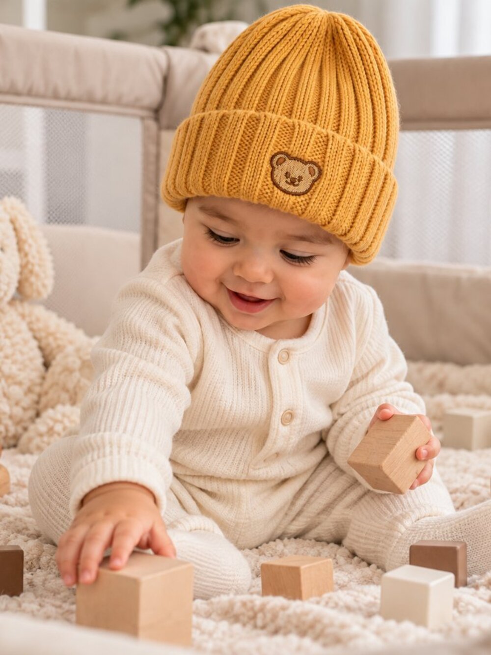 Mustard Teddy Ribbed Beanie